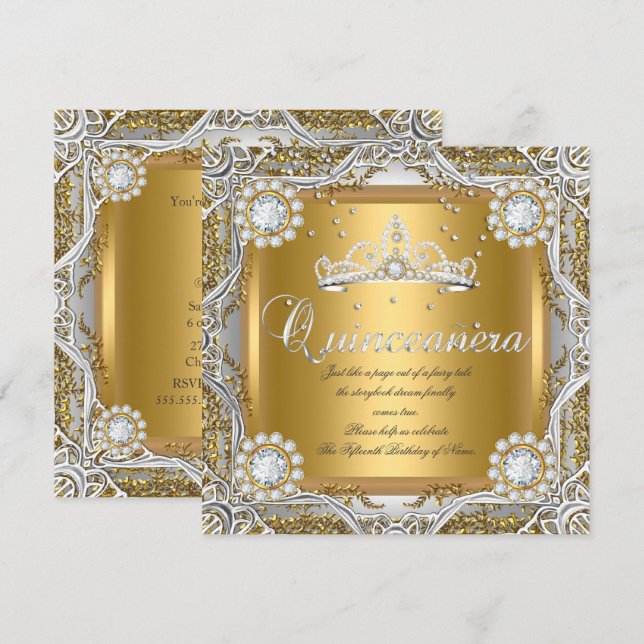 Invitation Quinceanera Tiara Gold Silver Diamond Anniversaire (Devant / Derrière)