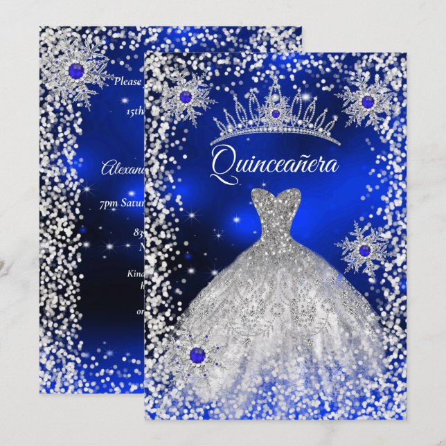Invitation Quinceanera Tiara Robe bleu hiver Flèche de neige (Devant / Derrière)