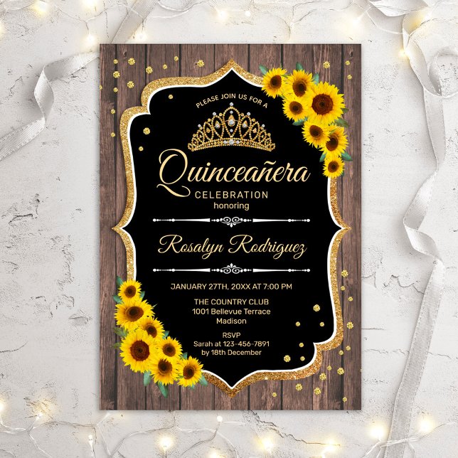 Invitation Quinceanera - Tournesols Bois rustique (Créateur téléchargé)