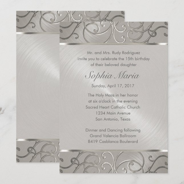 Invitation Quinceanera Toutes Les Flèches En Filigree Argent (Devant / Derrière)