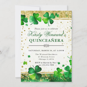 Invitation Quinceanera Trèfle à Trois Feuilles Vert et Or Aqu