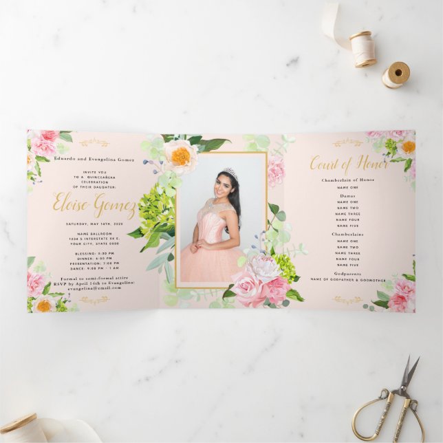 Invitation Quinceanera triplée de fleurs de Pêche (Intérieur)