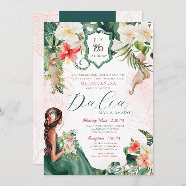 Invitation Quinceanera tropicale Anniversaire (Devant / Derrière)