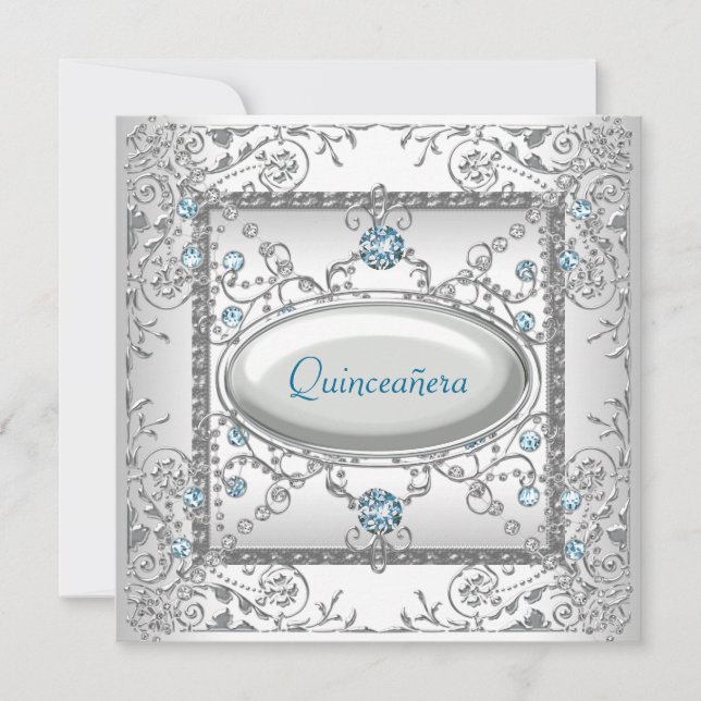 Invitation Quinceanera Turquoise blanche (Devant)