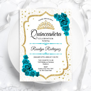 Invitation Quinceanera turquoise blanche or élégant Floral
