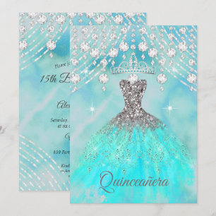 Invitation Quinceanera Turquoise Bleu Argent 15e fête d'anniv