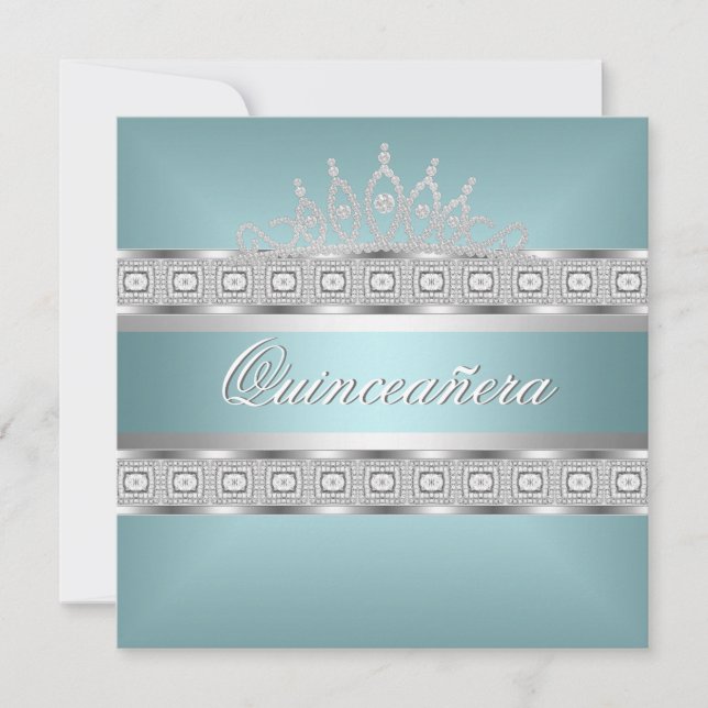 Invitation Quinceanera Turquoise Bleu Bijou d'argent 15e anni (Devant)