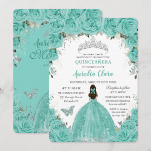 Invitation Quinceañera Turquoise Bleu Floral Argent Princesse