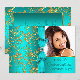 Invitation Quinceanera Turquoise Bleu Or Damas Floral Photo