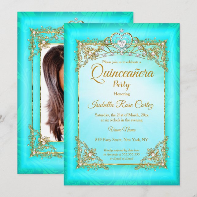 Invitation Quinceanera Turquoise bleu perle photo Gold Tiara  (Devant / Derrière)