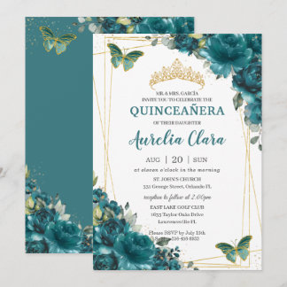 Invitation Quinceañera Turquoise Bleu Vert Floral Papillons