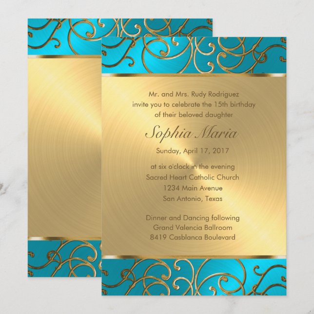 Invitation Quinceanera Turquoise Blue et Gold Filigree (Devant / Derrière)