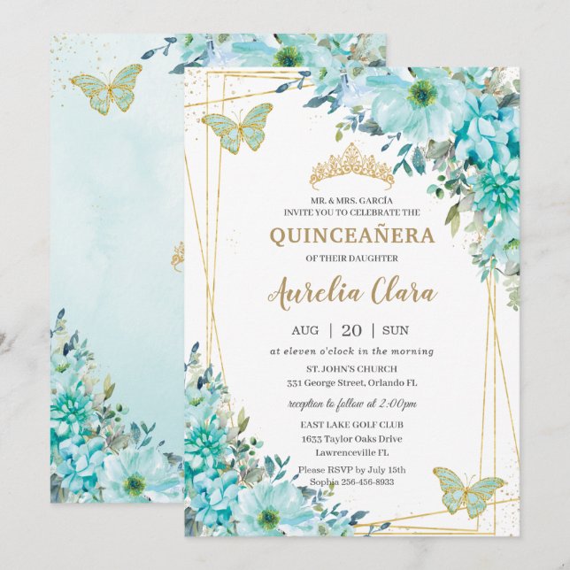 Invitation Quinceañera Turquoise Blue Floral Gold Butterflies (Devant / Derrière)