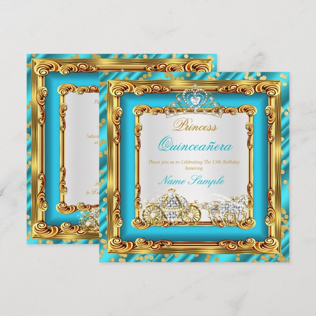 Invitation Quinceanera Turquoise Blue Gold Diamond Horse Carr (Devant / Derrière)