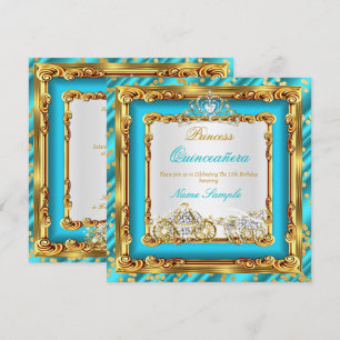 Invitation Quinceanera Turquoise Blue Gold Diamond Horse Carr