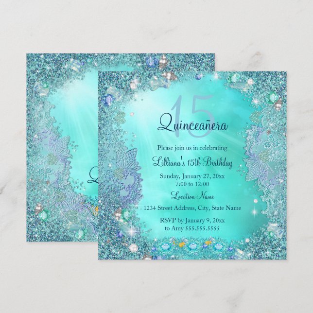 Invitation Quinceanera Turquoise Blue Ocean Jewel Anniversair (Devant / Derrière)