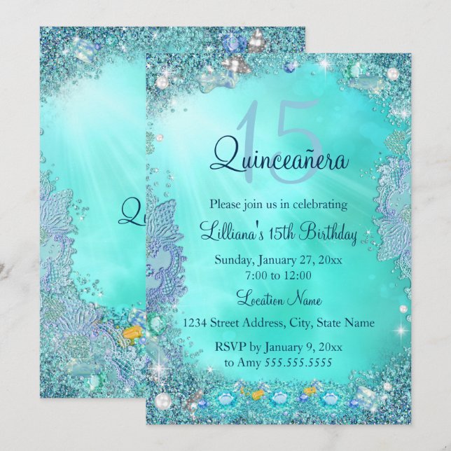 Invitation Quinceanera Turquoise Blue Ocean Jewel Anniversair (Devant / Derrière)