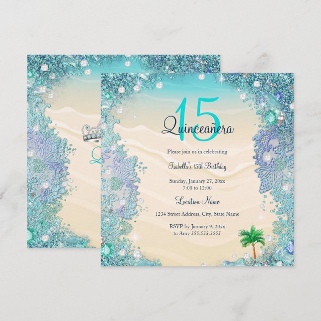 Invitation Quinceanera Turquoise Blue Sand Ocean Beach Annive (Devant / Derrière)