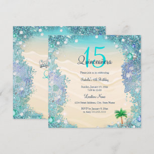 Invitation Quinceanera Turquoise Blue Sand Ocean Beach Annive