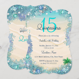 Invitation Quinceanera Turquoise Blue Sand Ocean Beach Annive
