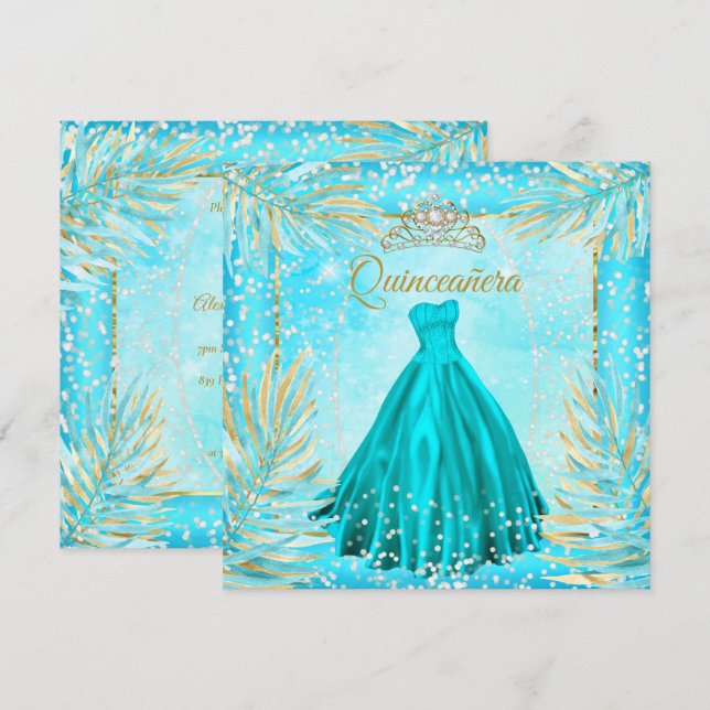 Invitation Quinceanera Turquoise Blue Tiara robe fête d'anniv (Devant / Derrière)
