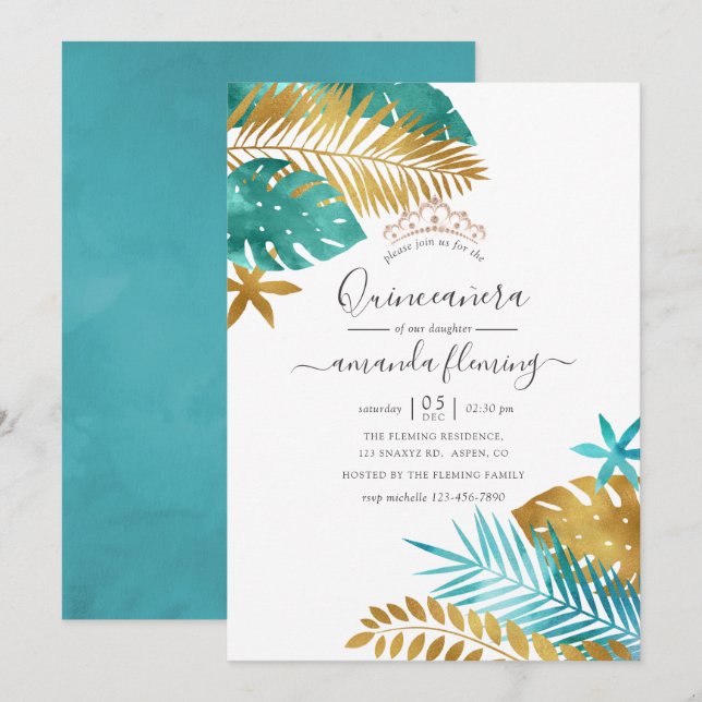 Invitation Quinceañera turquoise et Gold Tropical (Devant / Derrière)