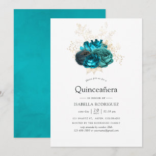 Invitation Quinceañera turquoise et or Floral