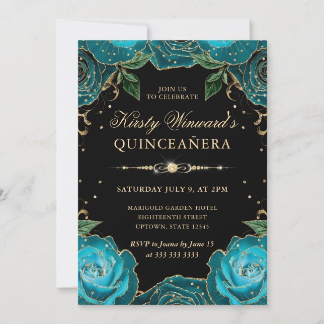 Invitation Quinceanera turquoise et Rose d'or (Devant)