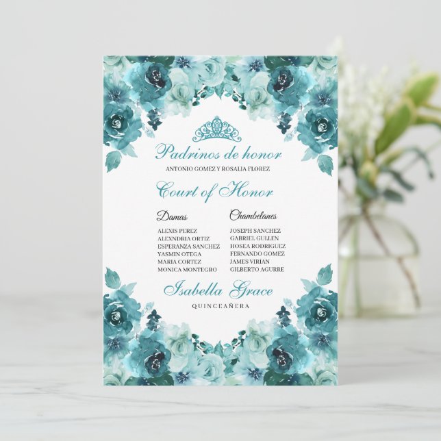 Invitation Quinceanera turquoise Florale Cour d'honneur Invit (Debout devant)