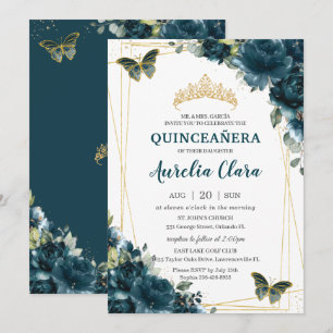 Invitation Quinceañera Turquoise foncé Peacock papillons flor