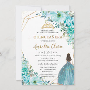 Invitation Quinceañera Turquoise Green Floral Gold Princesse