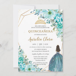 Invitation Quinceañera Turquoise Green Floral Gold Princesse
