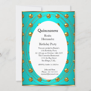 Invitation Quinceanera Turquoise Green Gold Balls fête d'anni