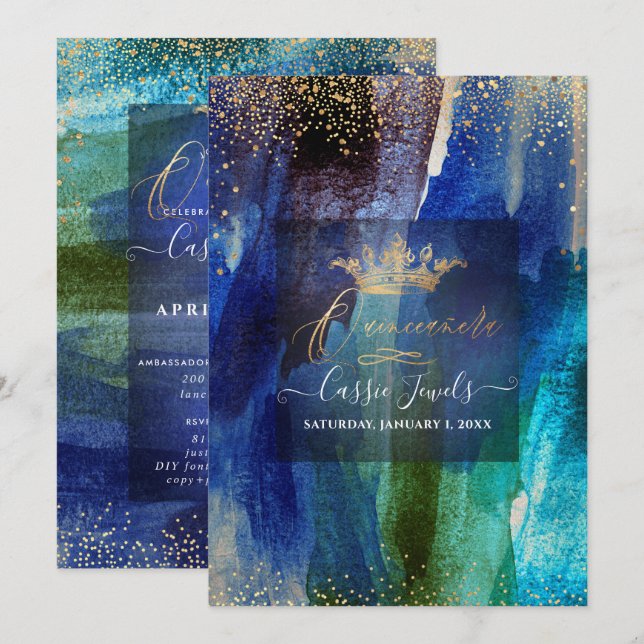 Invitation Quinceanera Turquoise Navy bleu Aquarelle Brosse (Devant / Derrière)