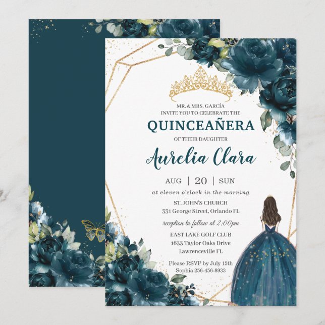 Invitation Quinceañera Turquoise noire Peacock Floral Princes (Devant / Derrière)