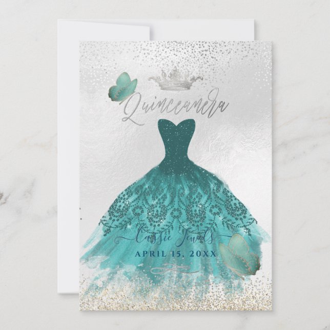 Invitation Quinceanera Turquoise Ombre Papillons Princesse Go (Devant)