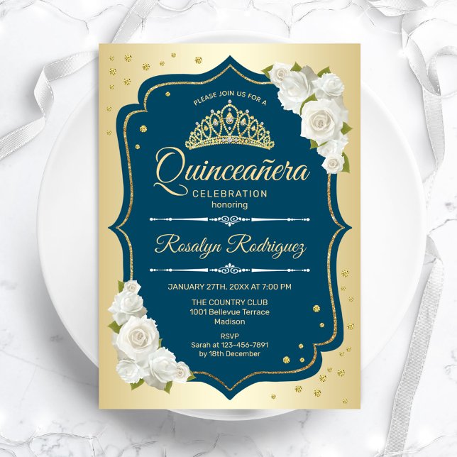 Invitation Quinceanera turquoise or élégant (Créateur téléchargé)