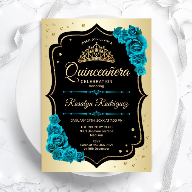 Invitation Quinceanera Turquoise or noir (Créateur téléchargé)