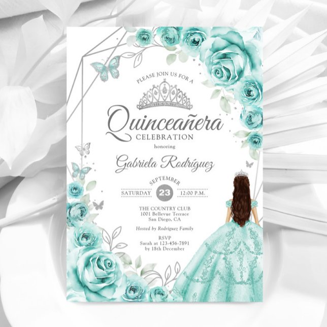 Invitation Quinceanera Turquoise Robe Argent Floral (Créateur téléchargé)