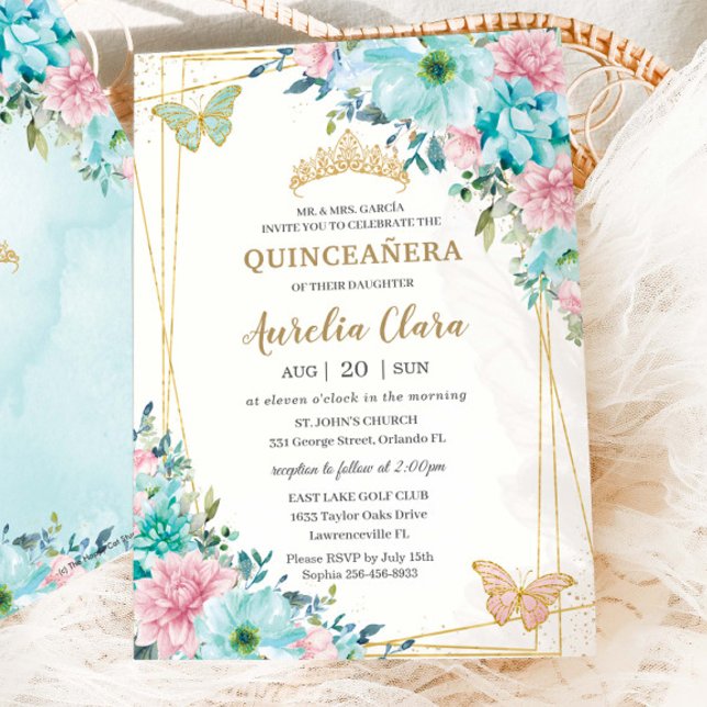 Invitation Quinceañera Turquoise Rose Floral Papillons Or (Créateur téléchargé)