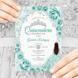 Invitation Quinceanera Turquoise Silver Floral