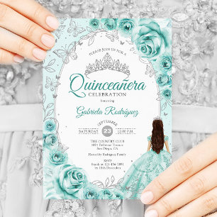 Invitation Quinceanera Turquoise Silver Floral