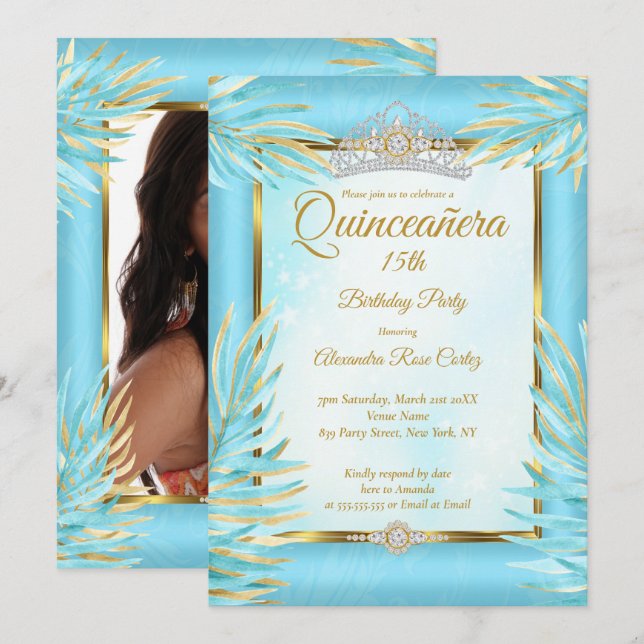 Invitation Quinceanera Turquoise Tiara Gold Photo fête d'anni (Devant / Derrière)