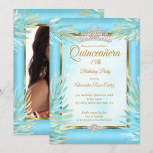 Invitation Quinceanera Turquoise Tiara Gold Photo fête d'anni