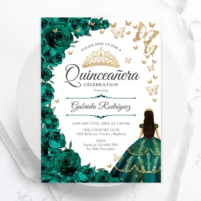 Invitation Quinceanera Vert Émeraude et Or (Créateur téléchargé)
