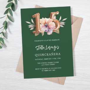 Invitation Quinceanera vert émeraude rose pêche florale