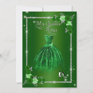 Invitation Quinceanera Vert et Argent Floral Élégant