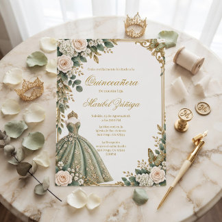 Invitation Quinceañera vert sauge, floral botanique