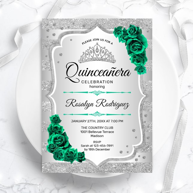 Invitation Quinceanera verte argent (Créateur téléchargé)