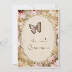 Invitation Quinceañera Vintage Rose Butterfly & Music Notes